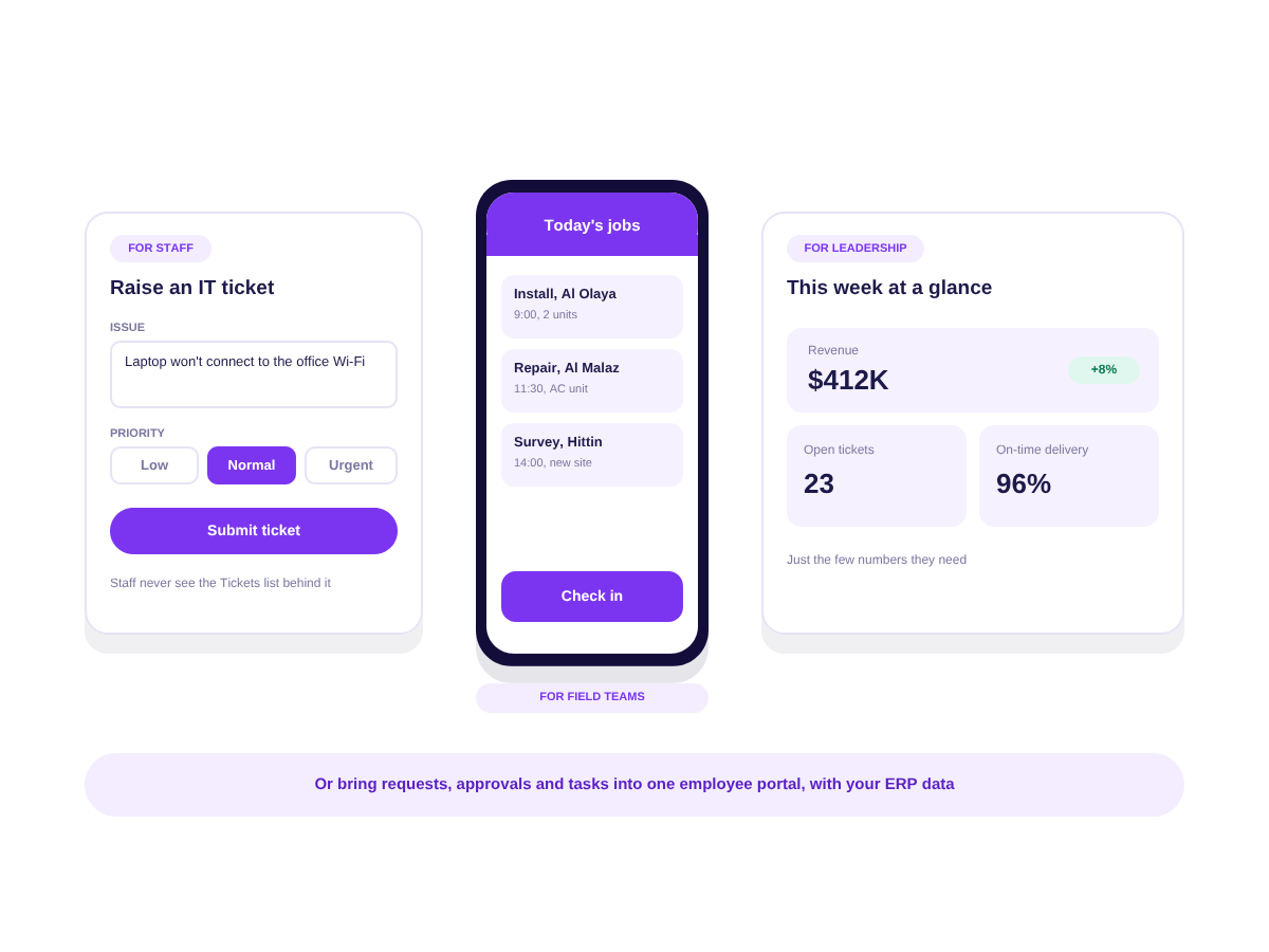 Vibe Apps for staff, field teams and leadership, each built on the same Workiom data