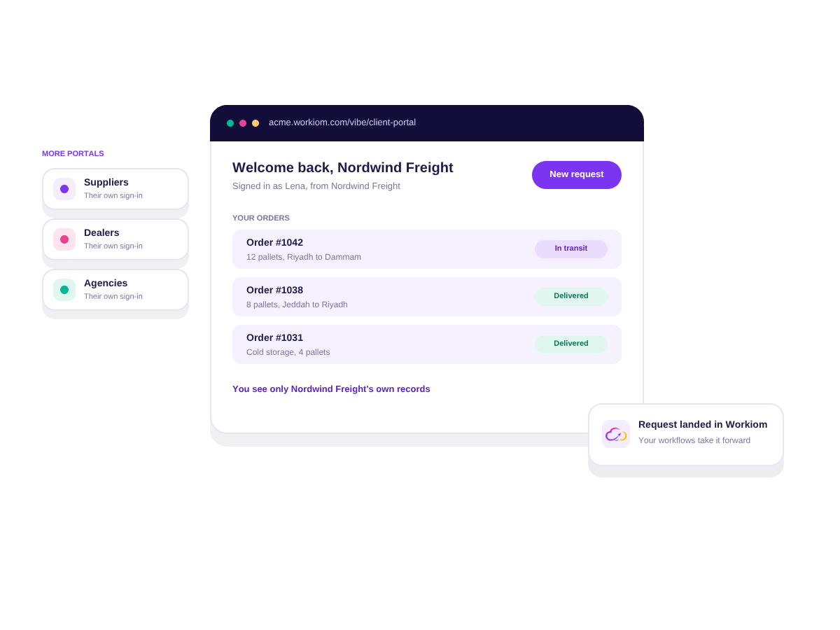 A customer portal built as a Vibe App where each client sees only their own records