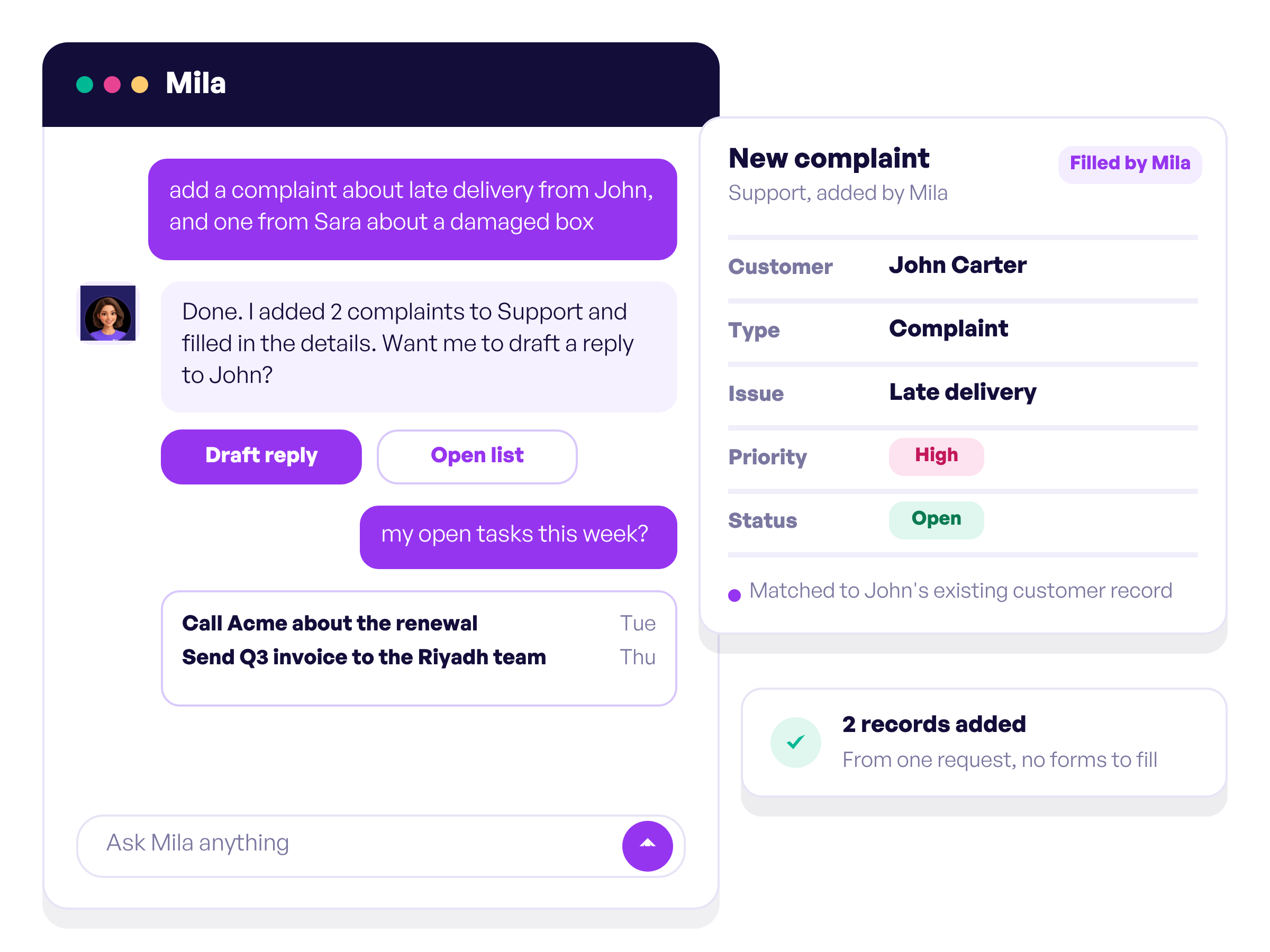 Mila adding two complaint records from one request and filling in the fields