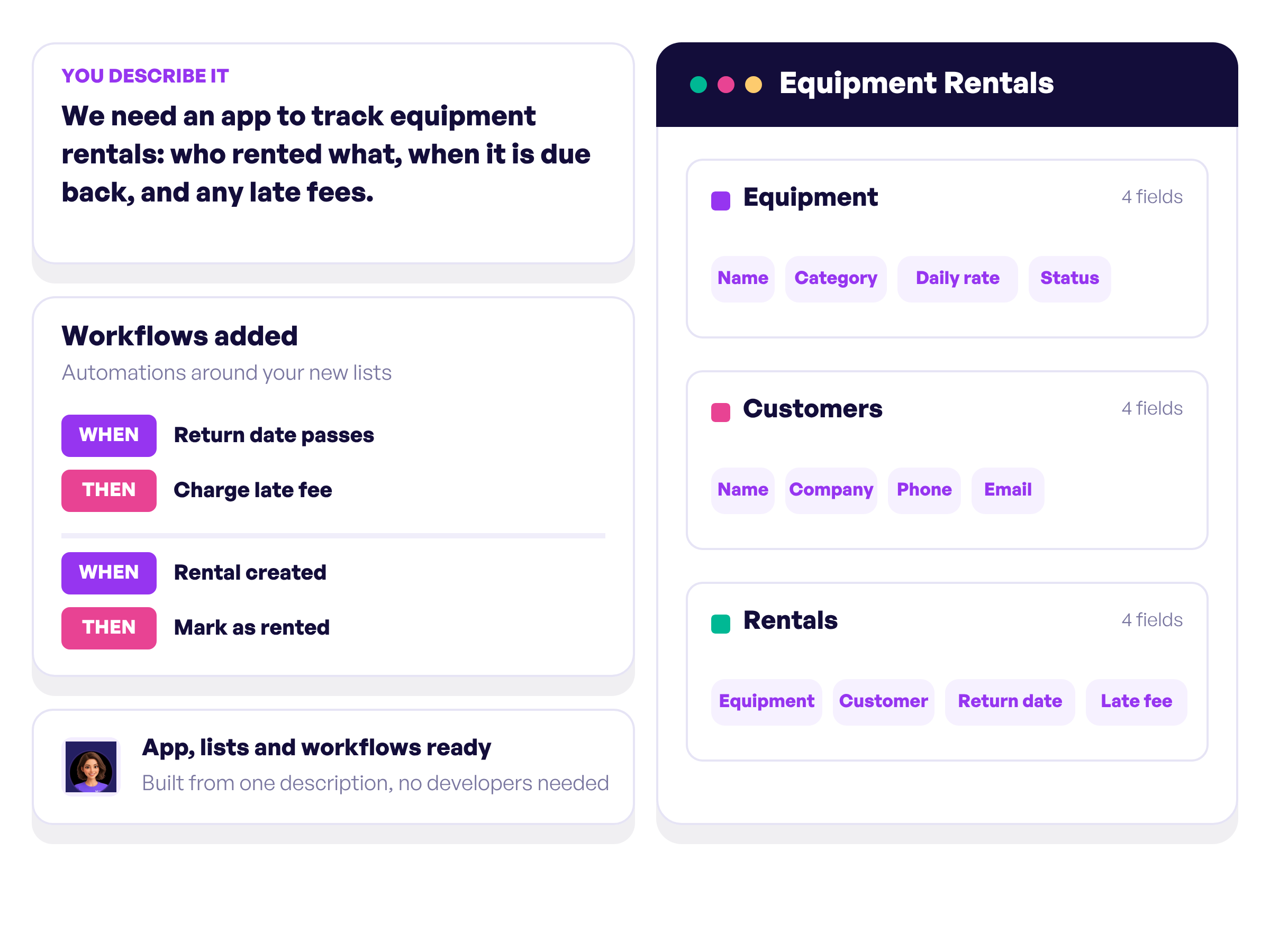 An equipment rentals app with lists, fields and workflows built by Mila from one description