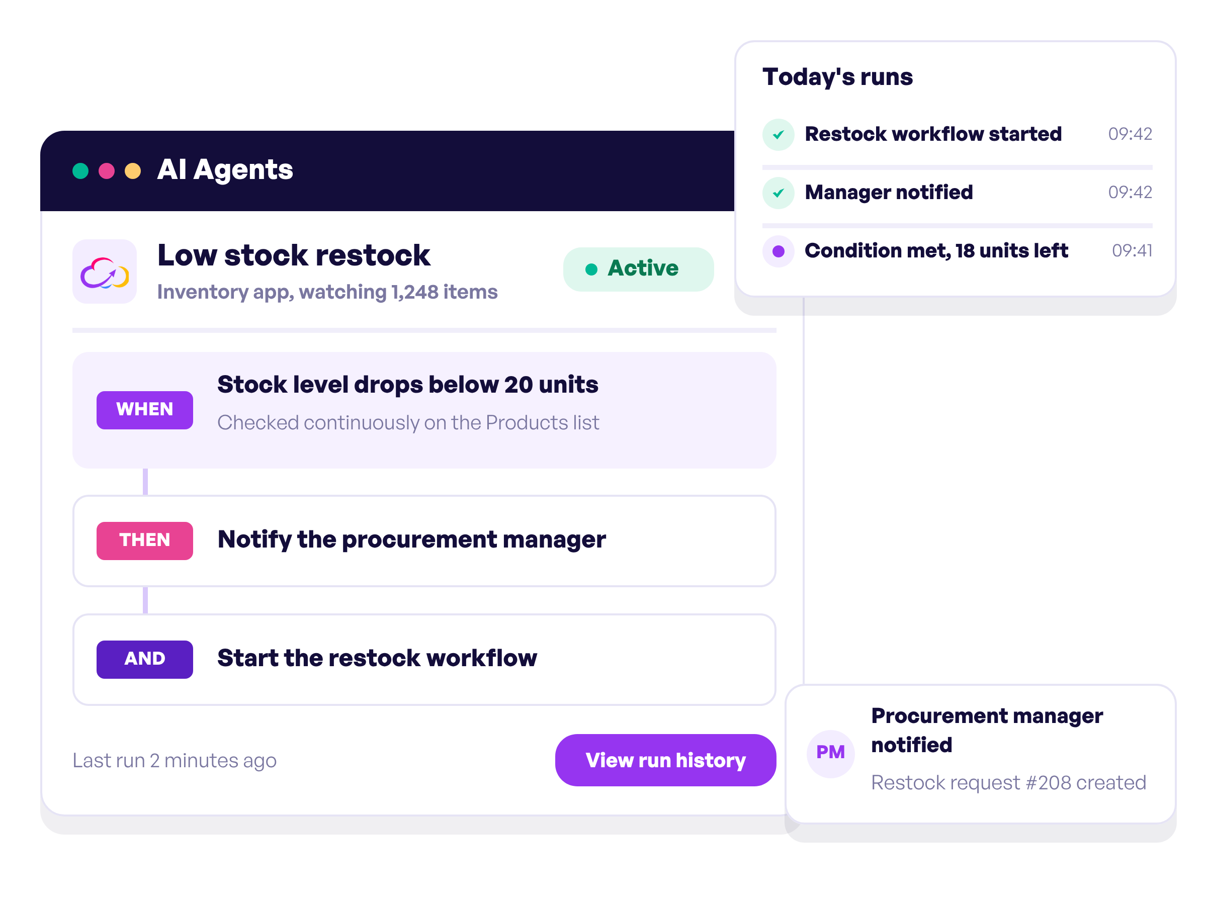 Workiom AI agent running a low stock restock rule with its run log and a procurement notification