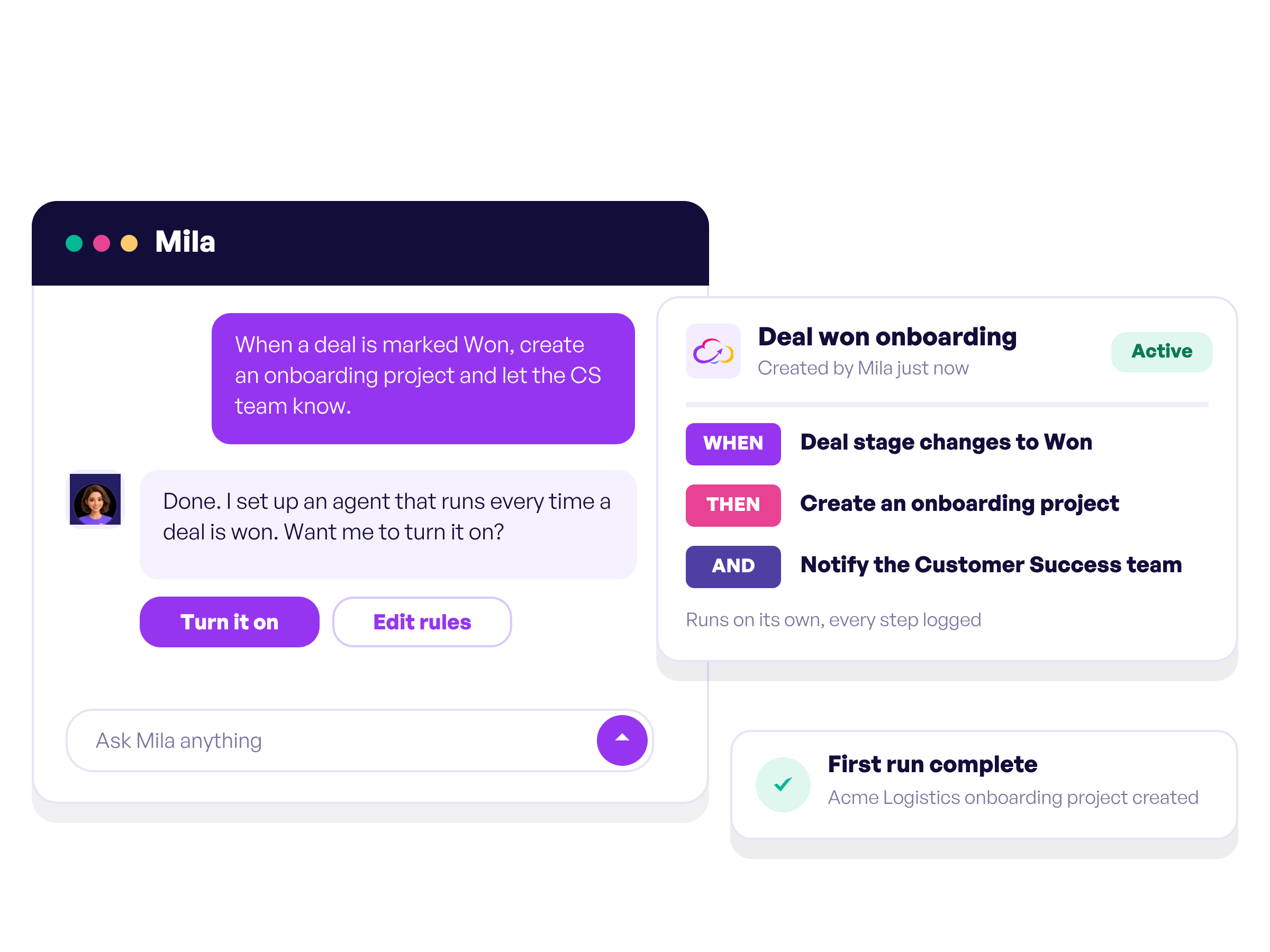 Mila setting up an AI agent from a chat request, with the agent rule and its first run