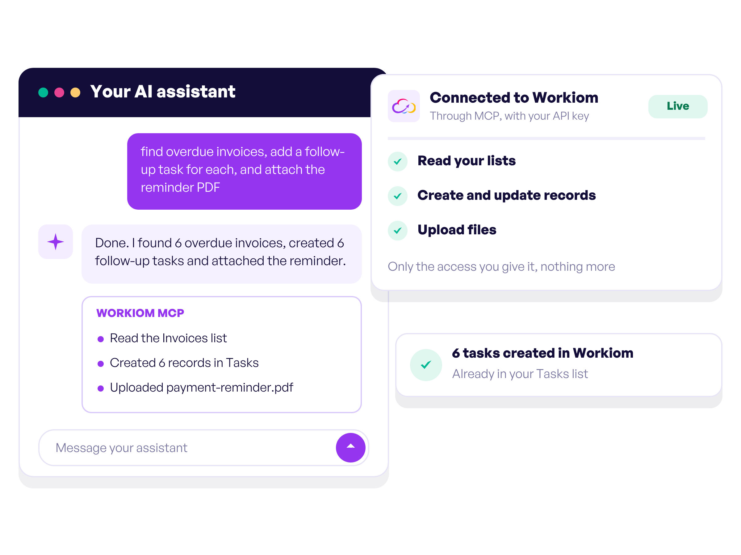 An AI assistant reading a Workiom list, creating tasks and uploading a file through Workiom MCP
