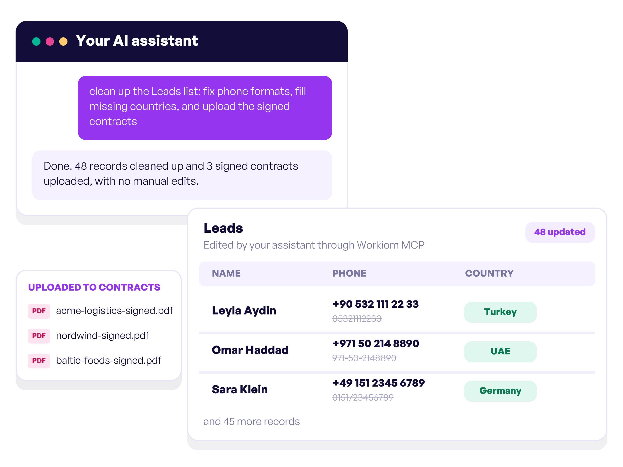 An AI assistant cleaning up records in a Workiom Leads list and uploading signed contracts