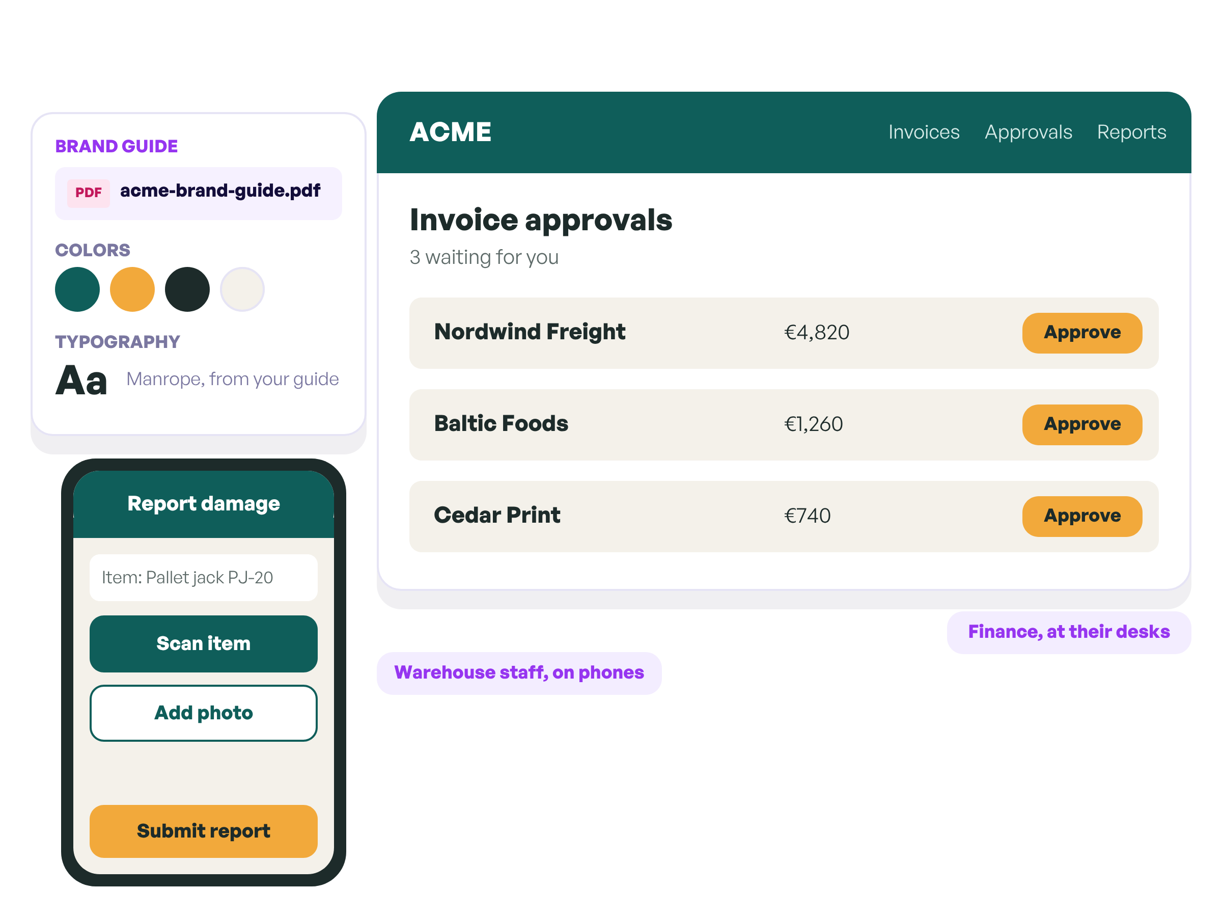 Interface pages styled from a company brand guide, on a phone and a desktop