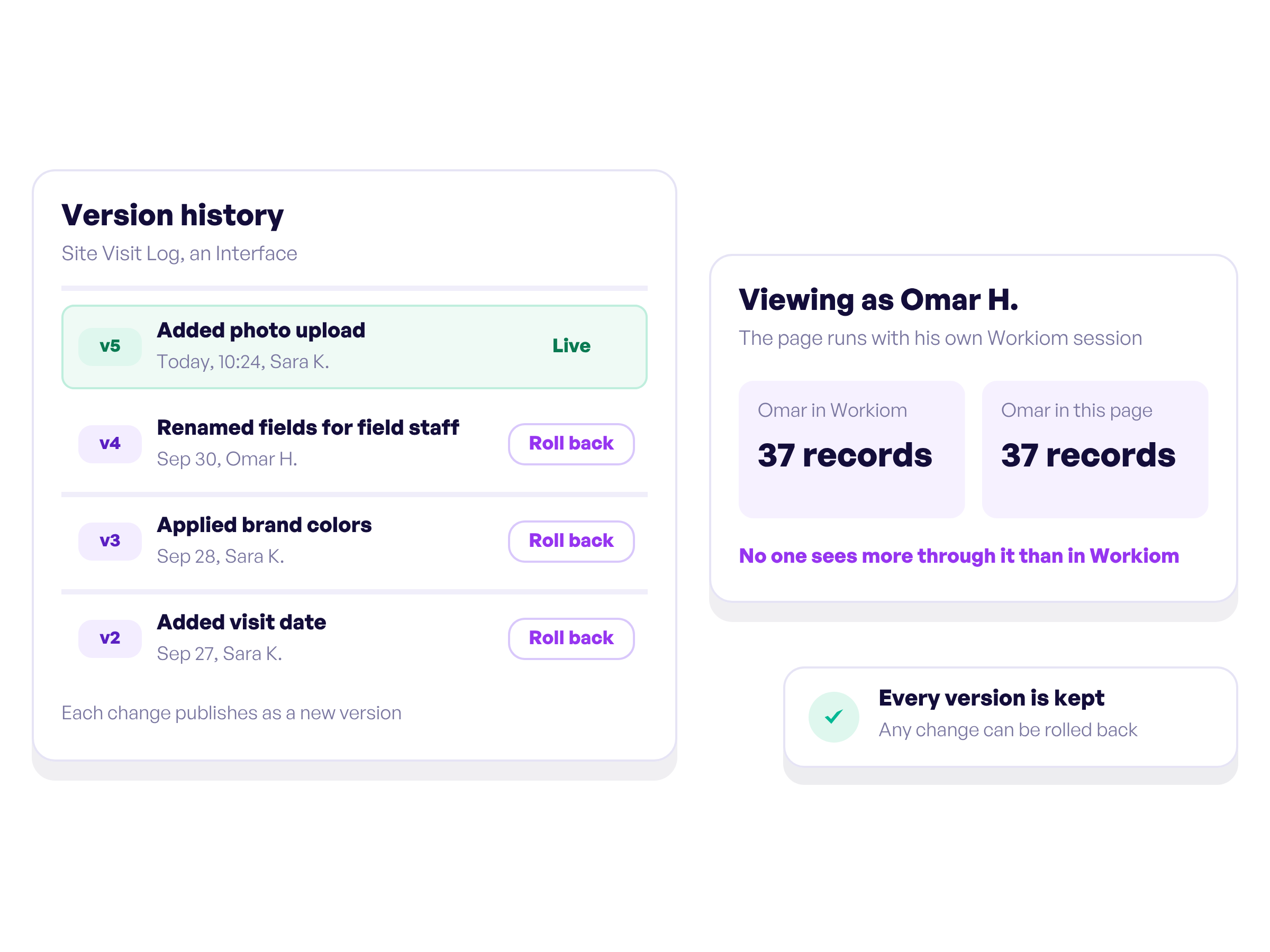 Version history and rollback for an Interface, running with the viewer's own permissions