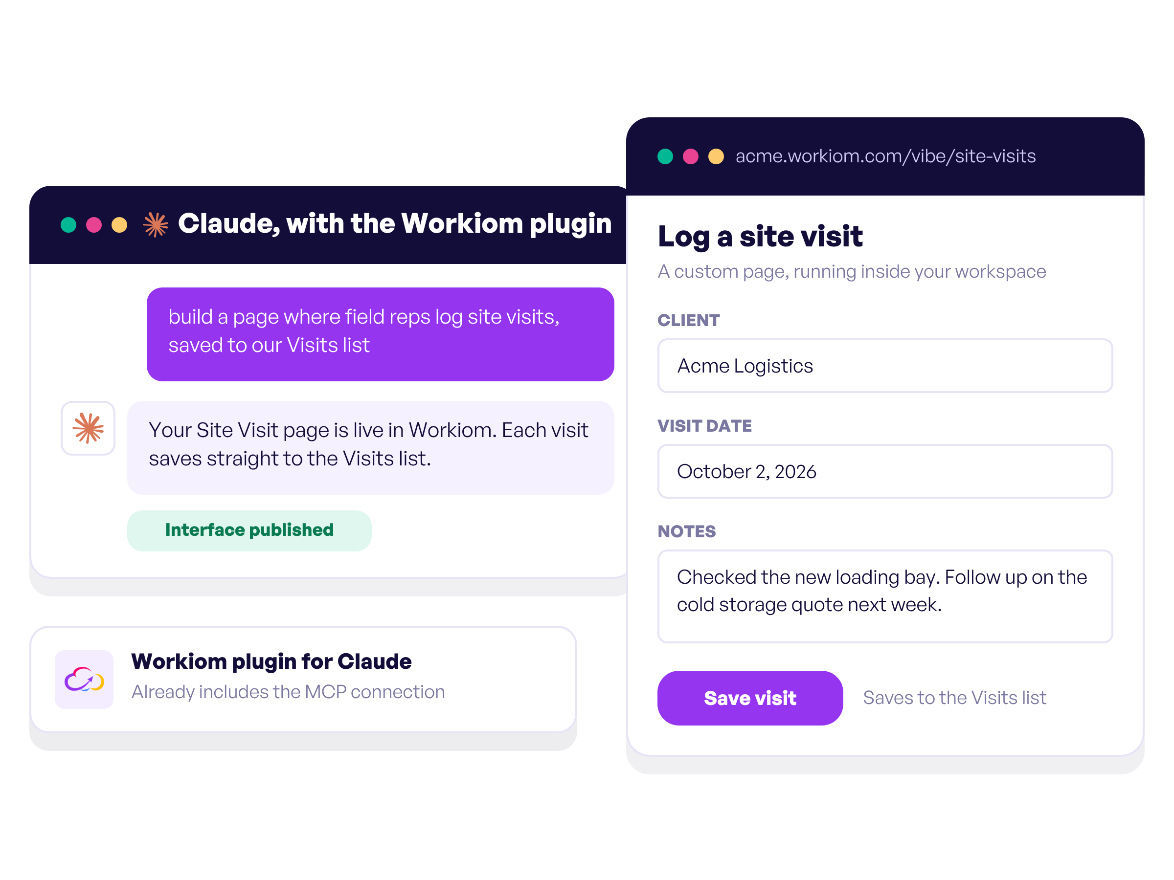 An Interface built by describing it to Claude with the Workiom plugin, running inside Workiom