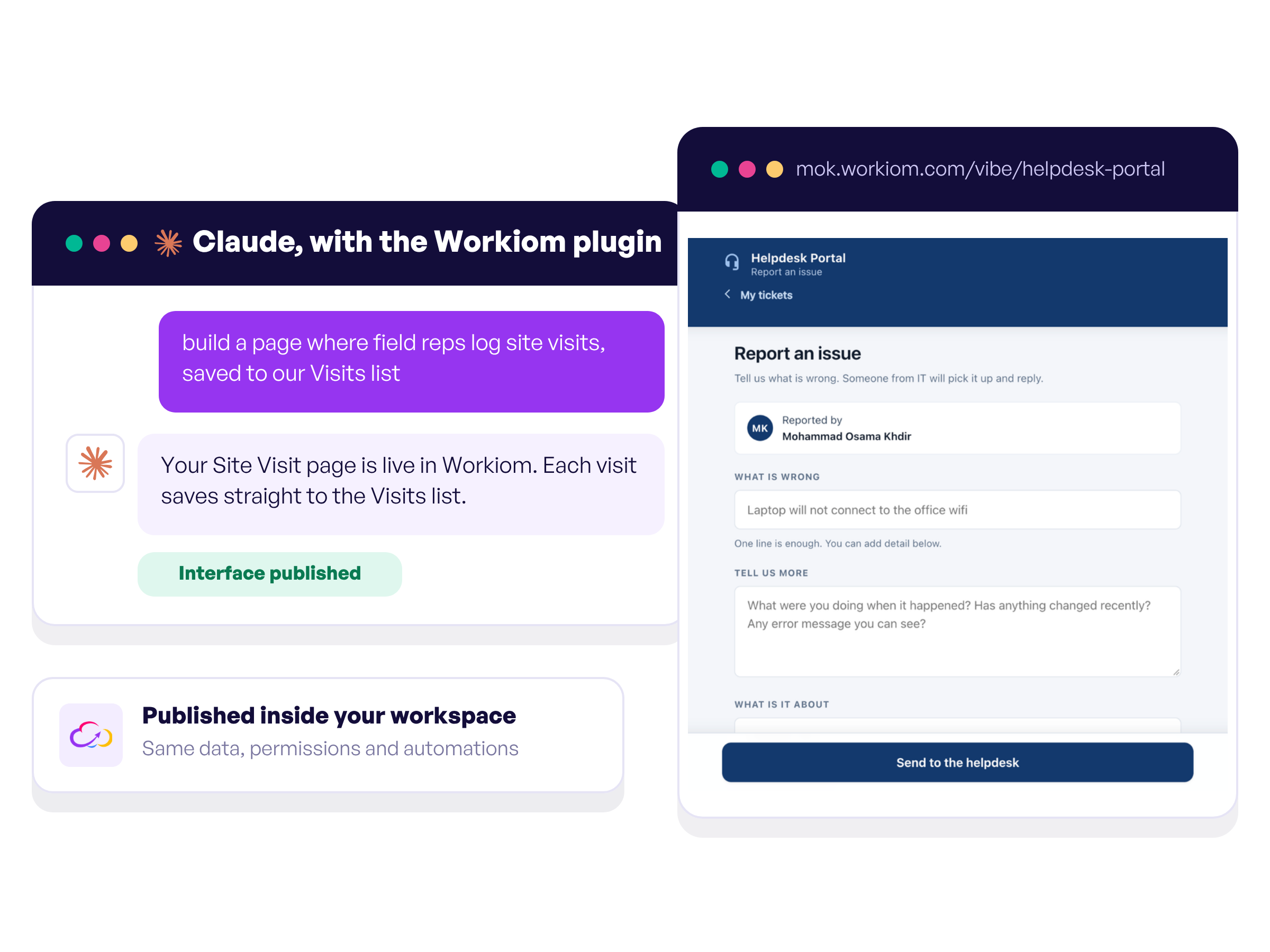Claude with the Workiom plugin building a site visit page that runs inside Workiom