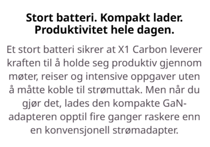 The image depicts a compact X1 Carbon battery that ensures consistent power for gadgets and activities without needing to plug in, and when used, the GaN adapter charges four times faster than a conventional adapter.KI-generert innhold kan være feil.