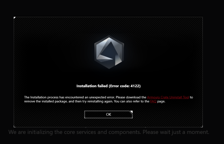 The image depicts a software installation error message with error code 4122, offering a solution to uninstall the package using a specific tool and suggesting a wait for core services initialization.KI-generert innhold kan være feil.