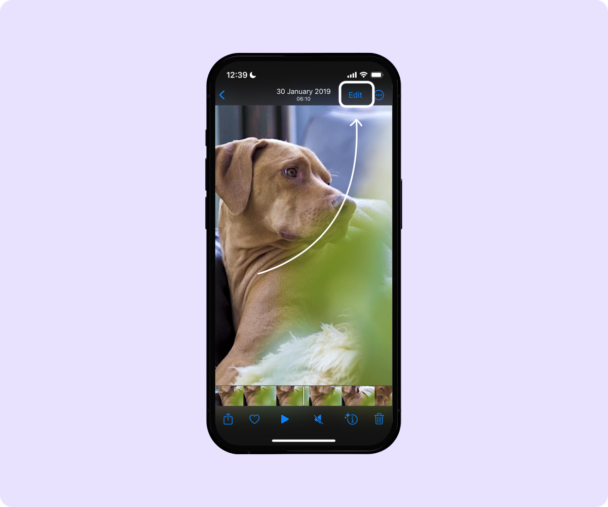 Screenshots of the Photos App highlighting where to edit video