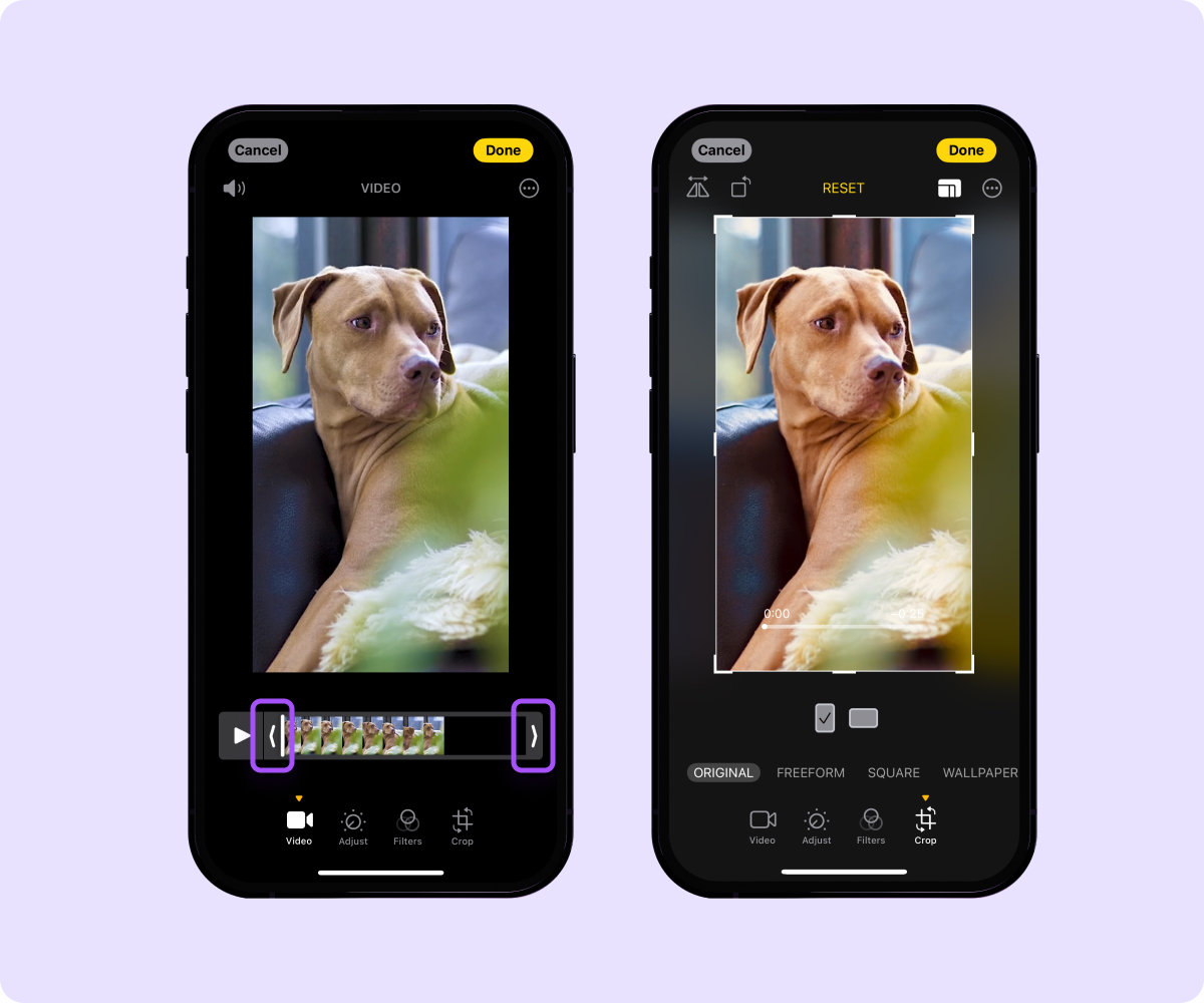 Vertical screenshots of a video with the trimming, crop, and ratio video editing options in the Photos app