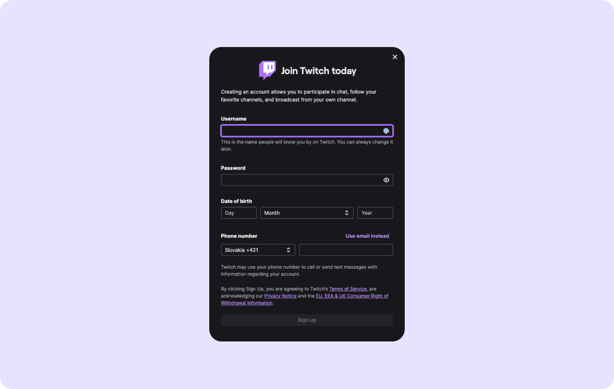 Screenshot of Twitch’s Sign-Up window