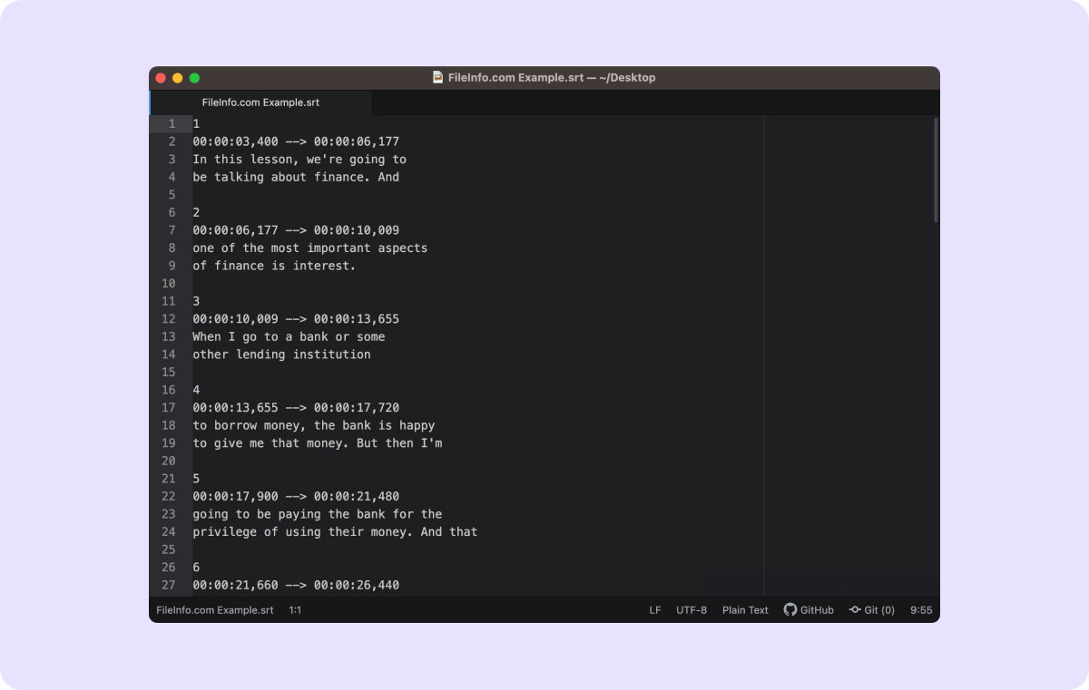Screenshot of an SRT file