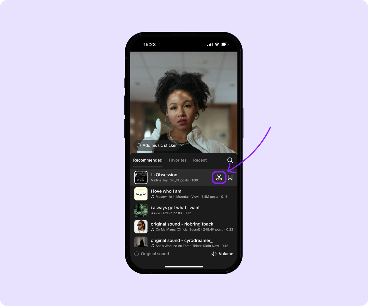 Screenshot of recommended sounds on TikTok highlighting the scissors icon