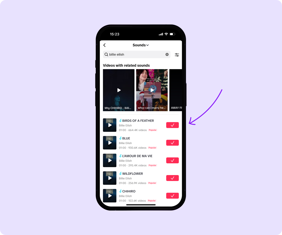 Screenshot of TikTok’s sound library highlighting how to choose a sound