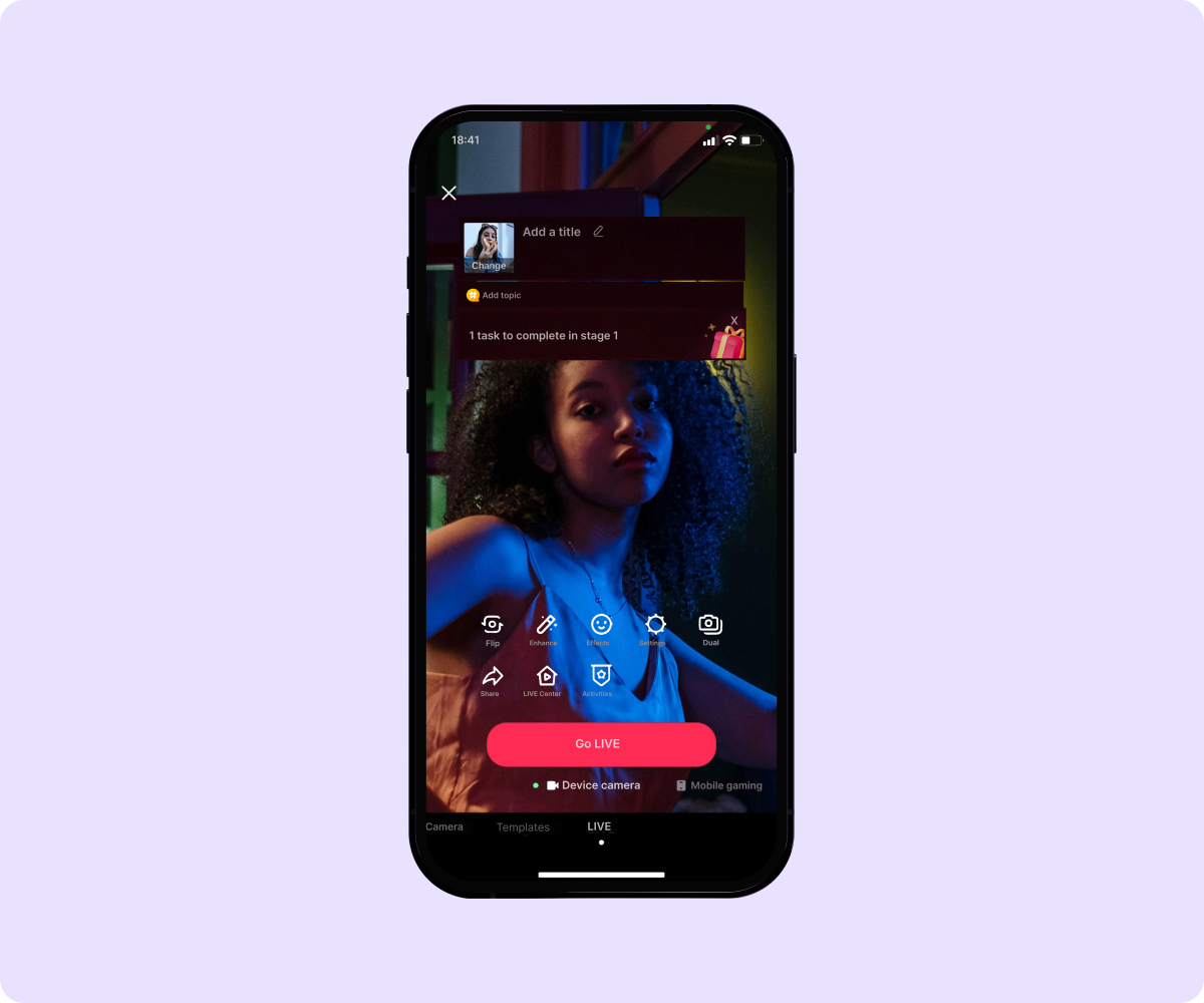 Graphic design that highlights the ‘go LIVE’ button on TikTok