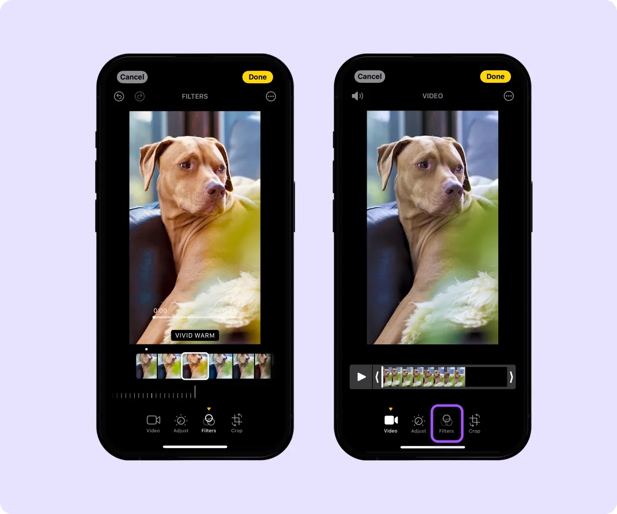 Screenshots of a video in the Photos App, showcasing filter options