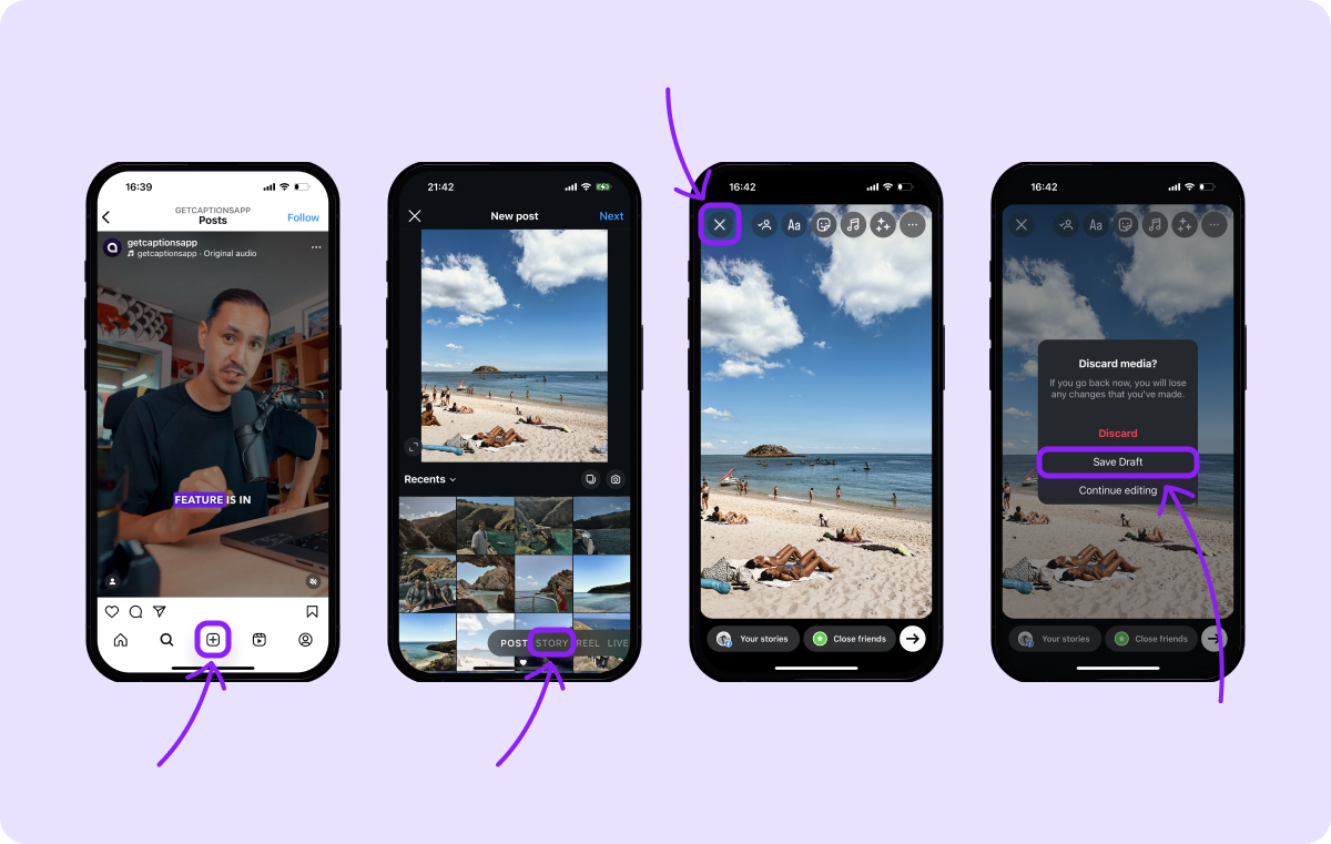 Screenshots of the process to save an Instagram Story draft