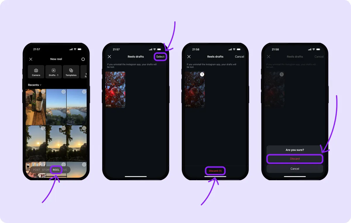 Screenshots of the process to find and delete an Instagram Reel draft