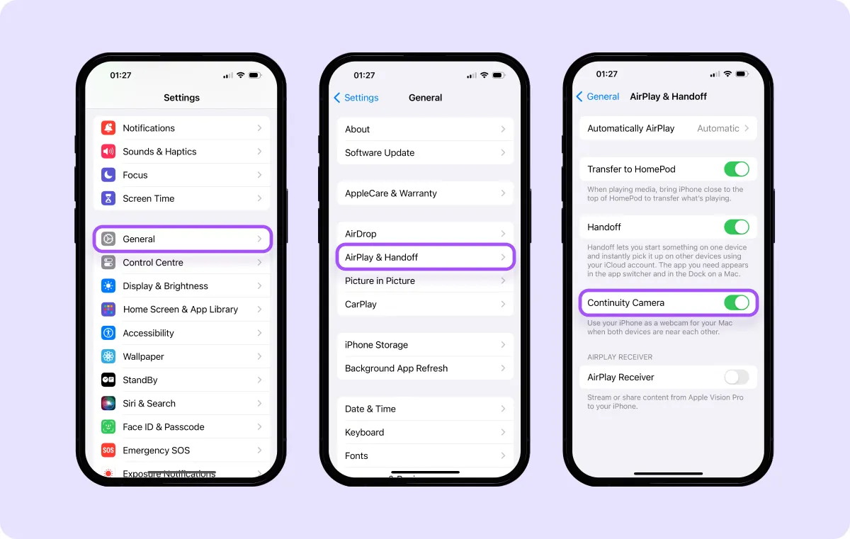 Captura de tela da interface do iOS para ativar a Câmera de Continuidade