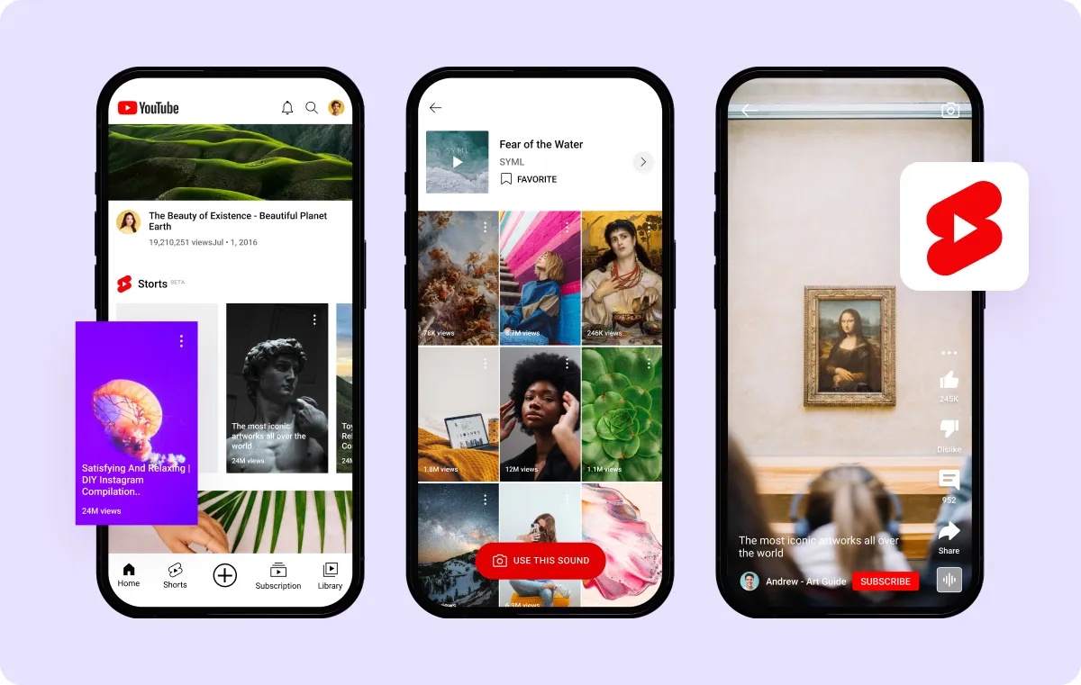 Three phones showing snippets of the YouTube Shorts interface