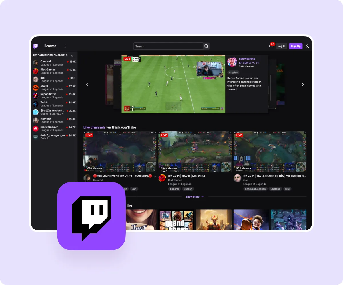 Captura de tela do site do Twitch