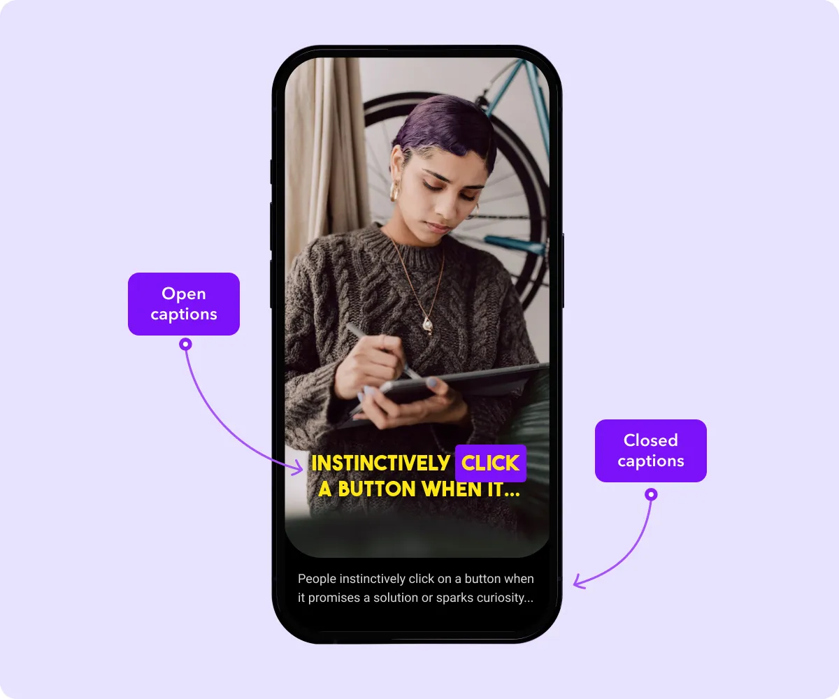 Mockup of an Instagram Reel pointing out the difference between open versus closed captions