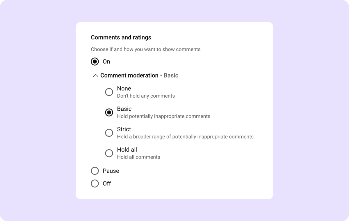 Screenshot of YouTube’s settings interface with comments option turned on and an arrow pointing at it.