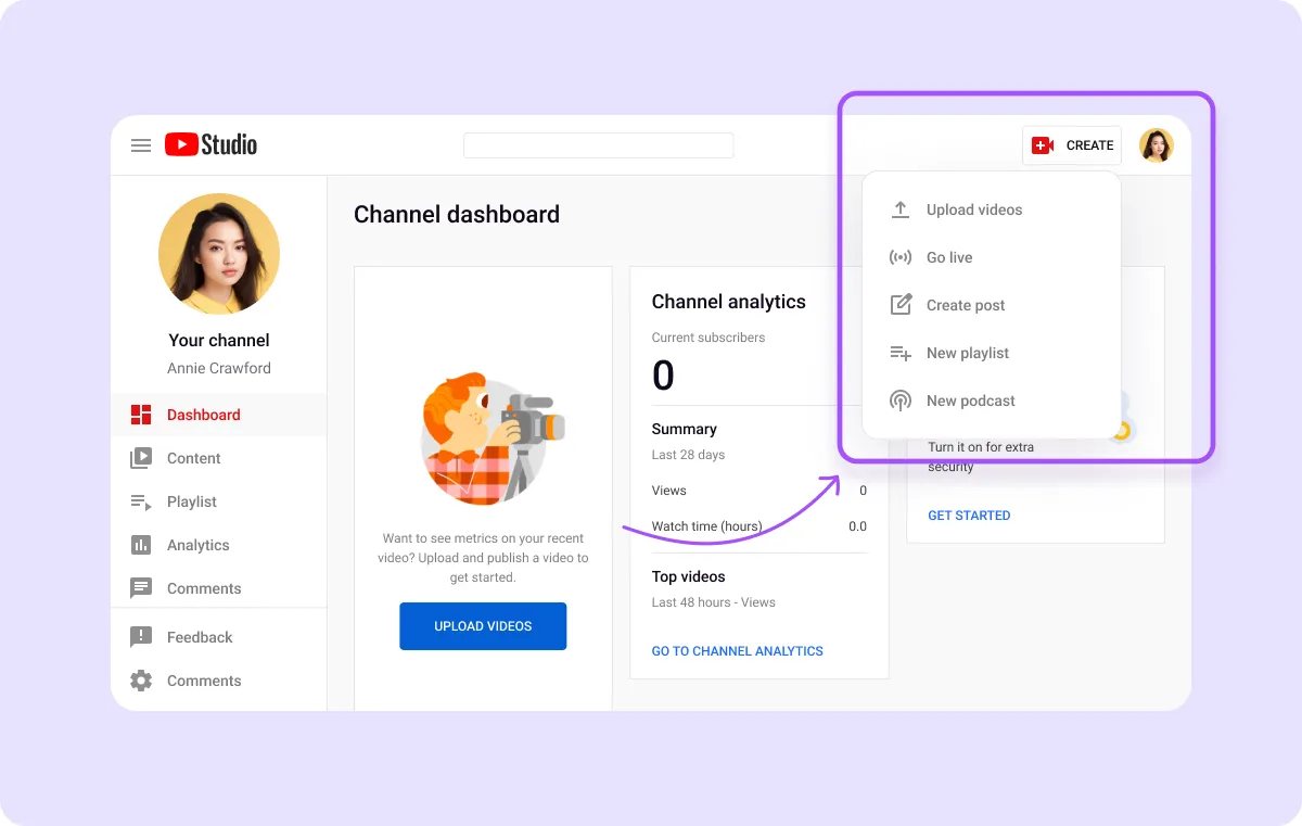Painel do canal do YouTube que mostra como fazer o upload de um vídeo.
