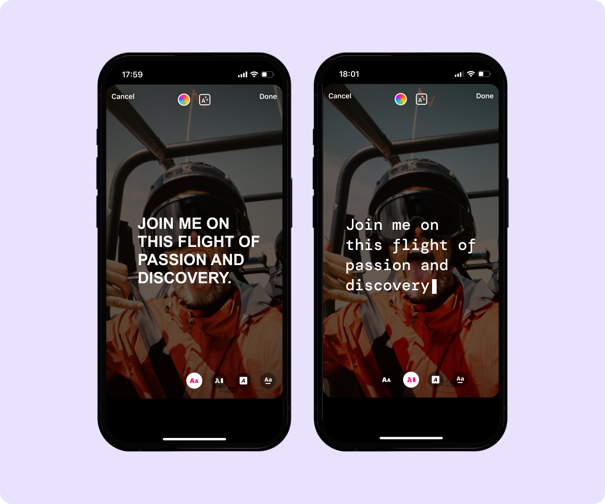 Screenshots of the IG Story Editor with captions in different fonts