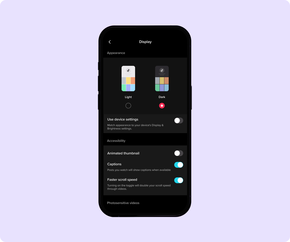 A screenshot of TikTok’s “Display” settings