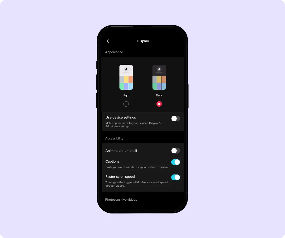 A screenshot of TikTok’s “Display” settings