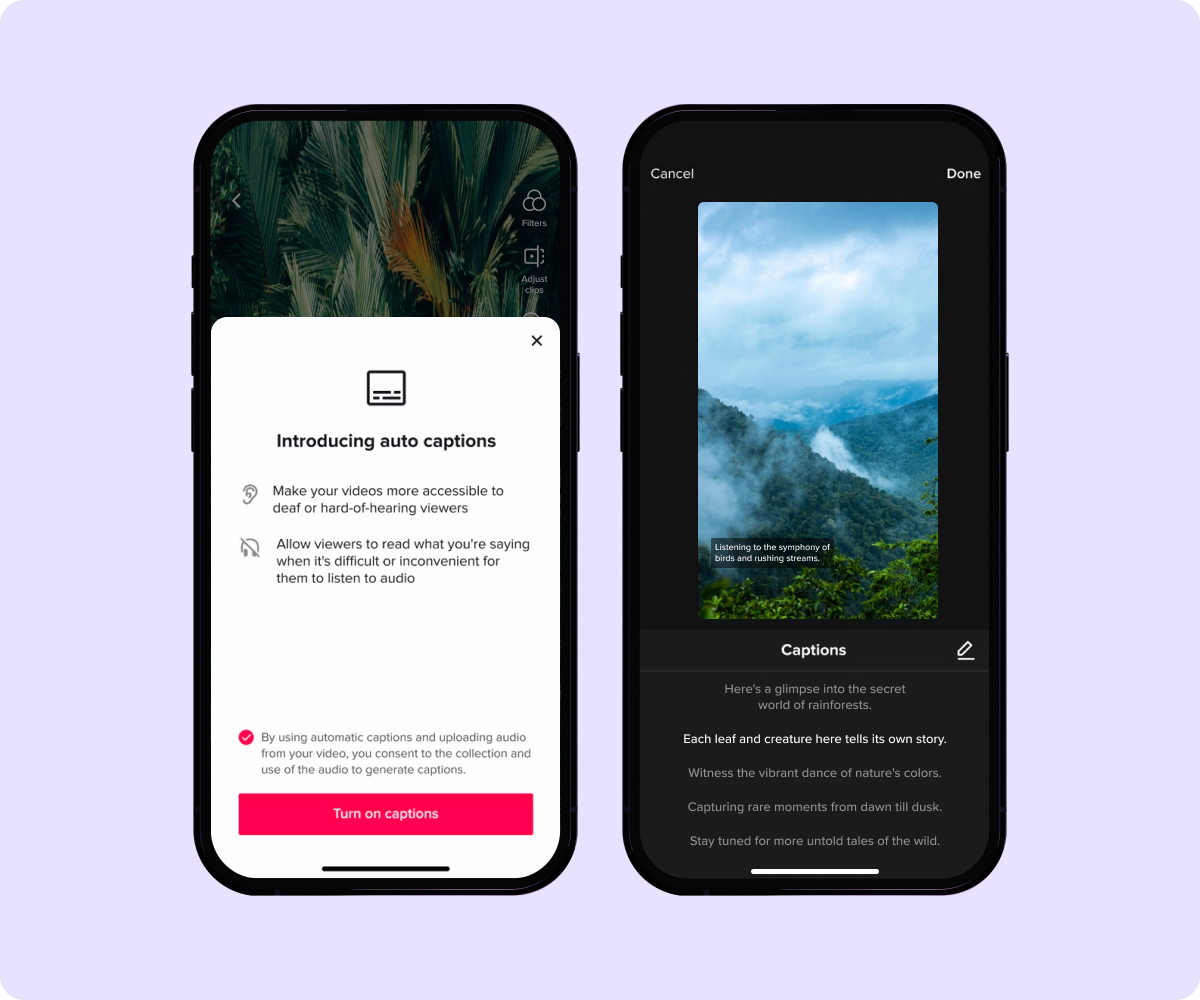 Device mockups showcasing TikTok’s auto-captions feature