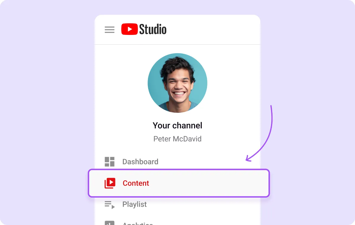 Captura de tela do menu do YouTube Studio sinalizando a seção 'Conteúdo'.