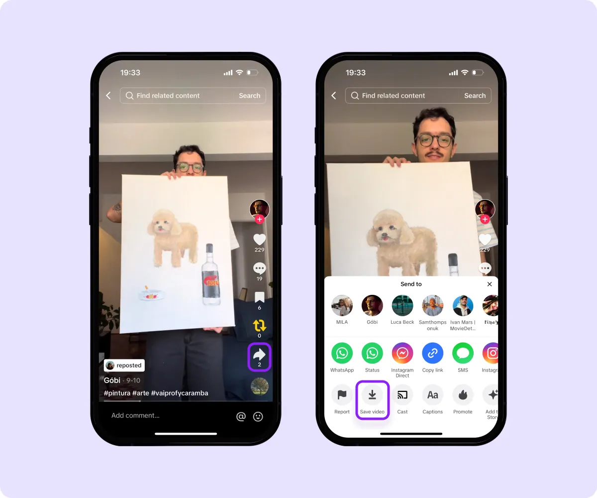 Screenshots of the process to save a TikTok video.