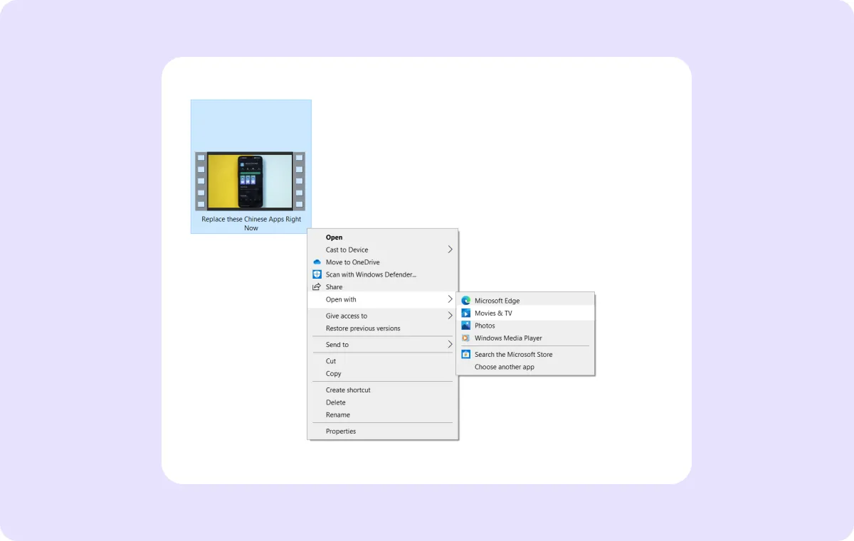 Screenshot of how to open a video file in Windows’ Photos app.