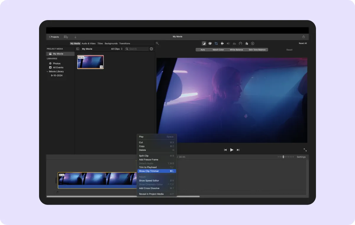 Screenshot of iMovie’s option to trim the selected clip