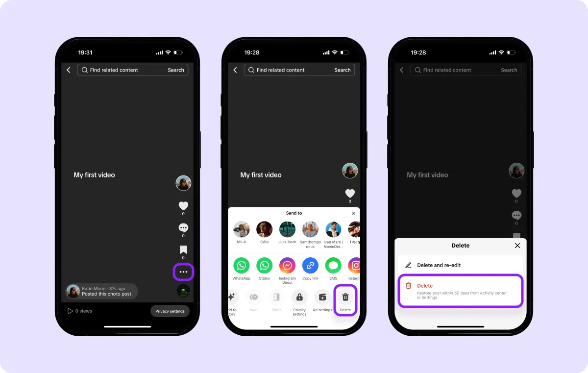 Three screenshots of a TikTok video with the step-by-step process on how to delete it.