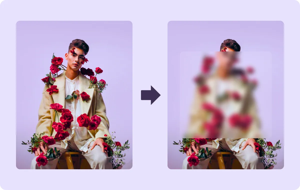 Graphic design displaying before-and-after video frames, with one side showing a blurred section.