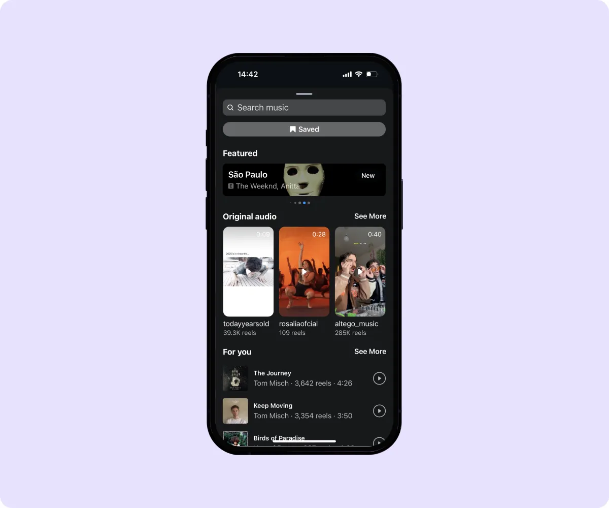 Screenshot of Instagram’s audio and music interface when editing a reel.