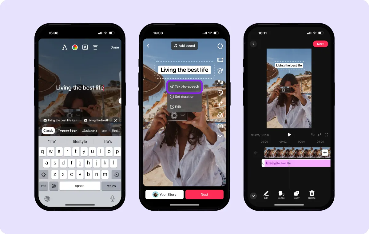 Three images showing the steps to use the text-to-speech tool on TikTok.