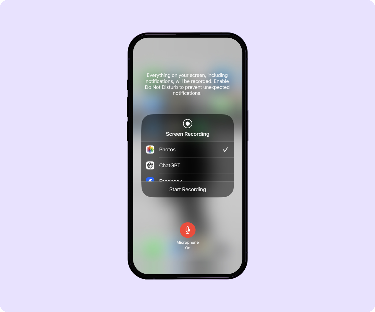 Screenshot of an iPhone screen with Screen Recording and Microphone enabled.