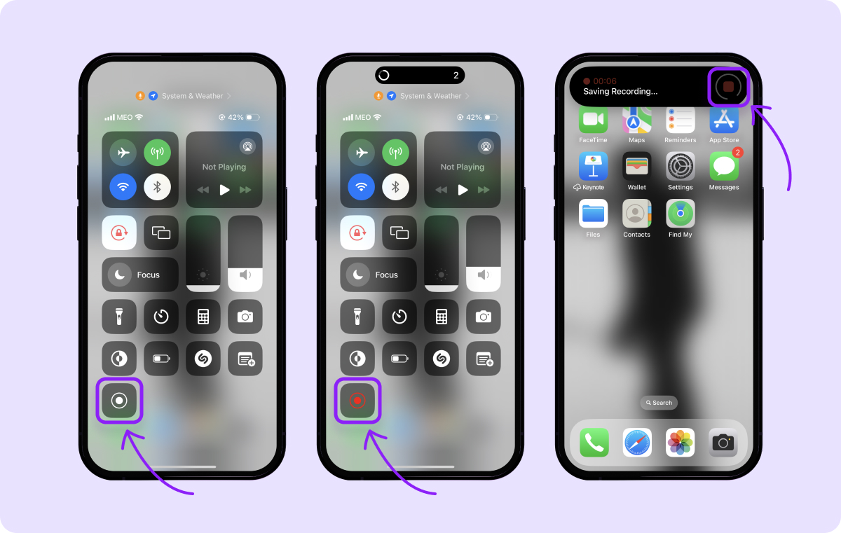 Three screenshots of iPhone screens showing how to stop screen recordings