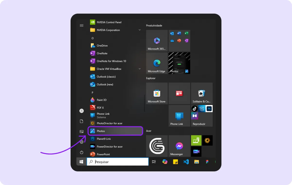 A screenshot of a menu on Windows with the Photos app highlighted with a zoom and an arrow pointing to it.