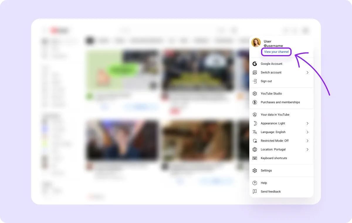 Screenshot of YouTube profile options menu with 'Your Channel' highlighted.