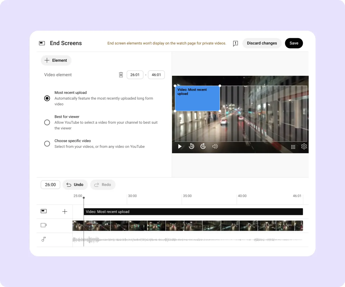 Screenshot of YouTube Studio's end screen editor showing a video with options to add elements.