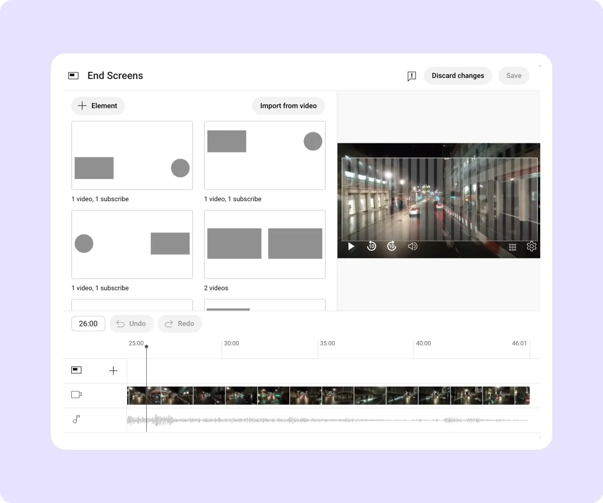 Screenshot of YouTube Studio's end screen editor showing a video with options to use templates.jpg