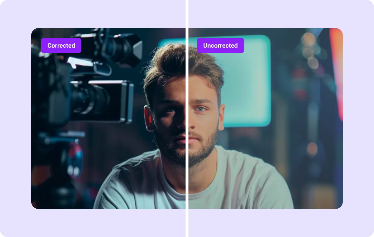 A screenshot of a video split in half, with one side showing the color-corrected version and the other side uncorrected.