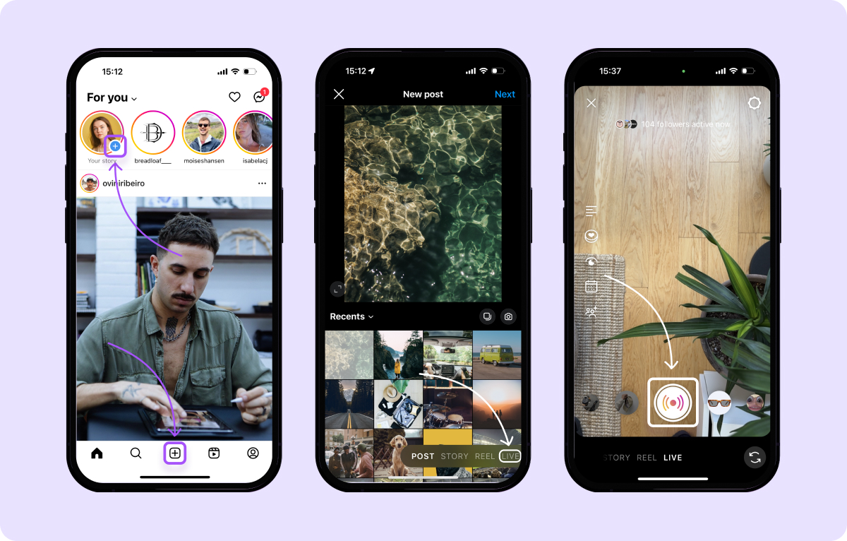  Três telas de telefone mostrando como fazer uma transmissão ao vivo no Instagram